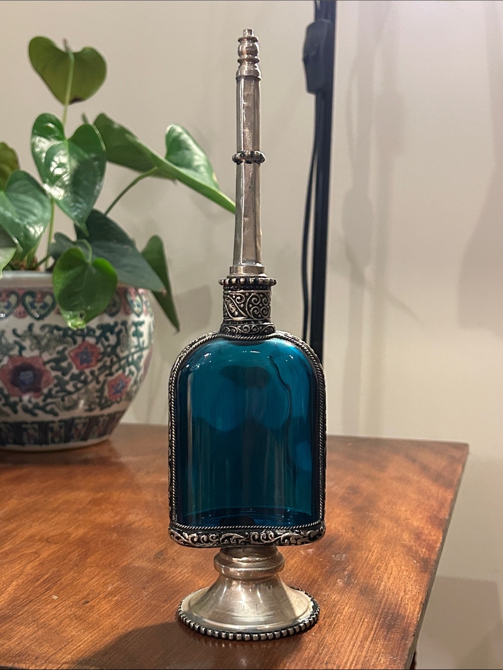 Vintage Moroccan Rose Water Perfume Bottle Blue/Teal Glass Silver Metal